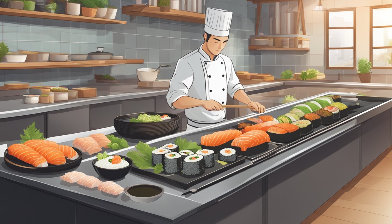 A chef carefully prepares sushi rolls on a clean, well-lit counter, surrounded by fresh ingredients and utensils