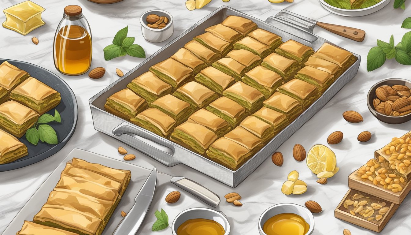 A tray of baklava sits on a marble countertop, surrounded by scattered ingredients like nuts and honey. A chef's knife and cutting board are nearby