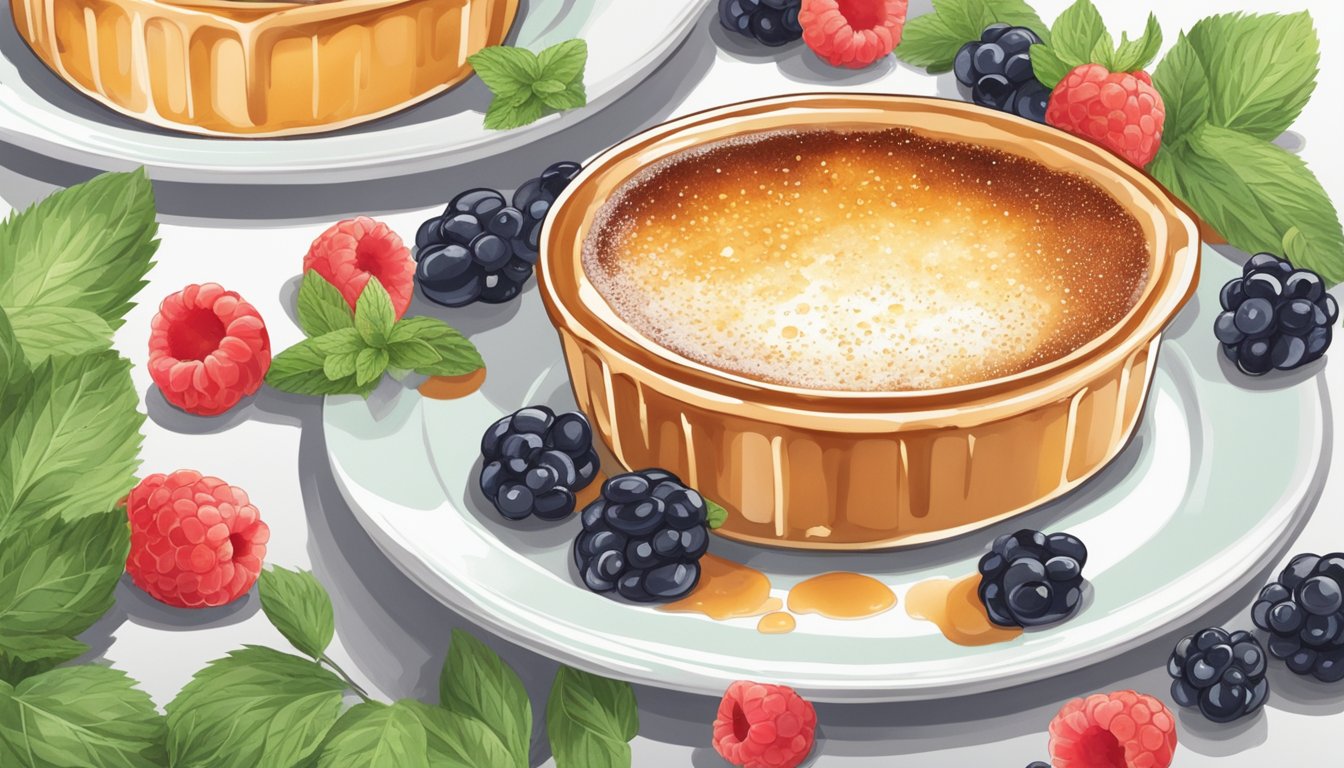 A perfectly caramelized crème brûlée sits on a pristine white plate, surrounded by a scattering of fresh berries and a delicate sprig of mint