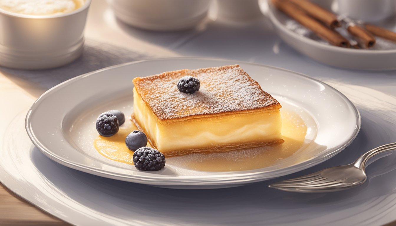 A creamy crème brûlée sits on a white ceramic plate, its caramelized top glistening under a soft warm light, surrounded by delicate vanilla bean pods and a dusting of powdered sugar