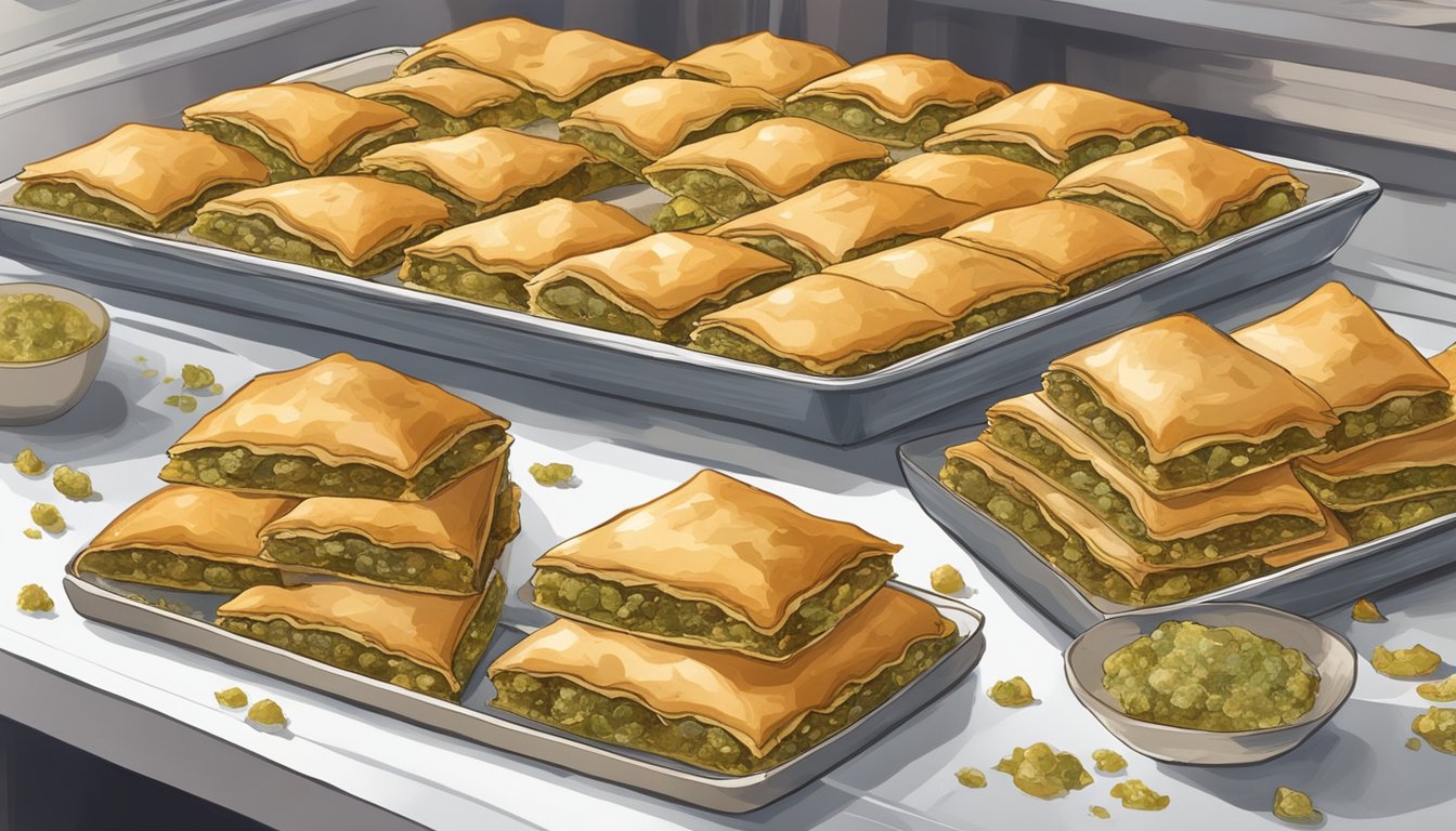 A tray of baklava sits on a counter, with a few pieces showing signs of mold and discoloration. The once golden pastry now appears dull and discolored