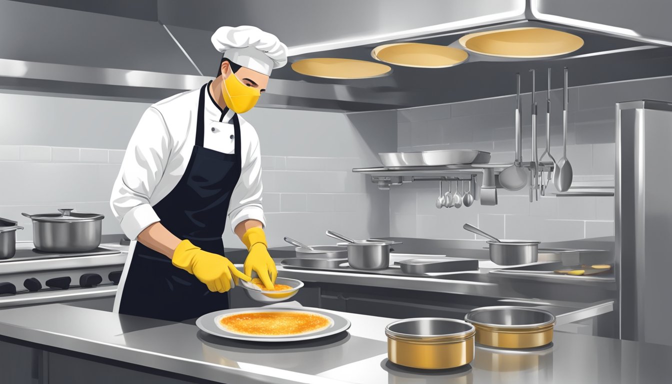 A chef preparing crème brûlée in a clean kitchen, wearing gloves and following food safety regulations