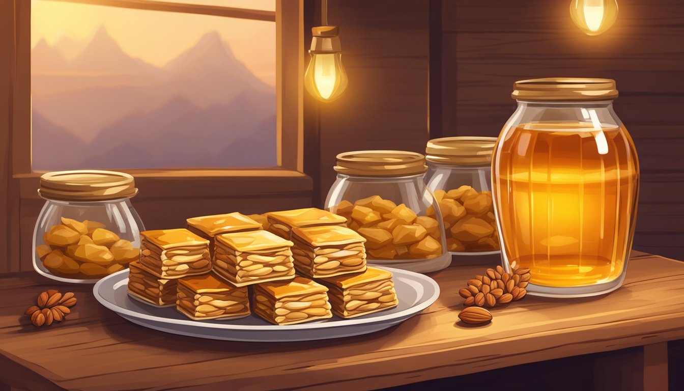 A plate of freshly prepared baklava sits on a wooden shelf, surrounded by jars of honey and nuts. The golden pastry glistens under warm lighting