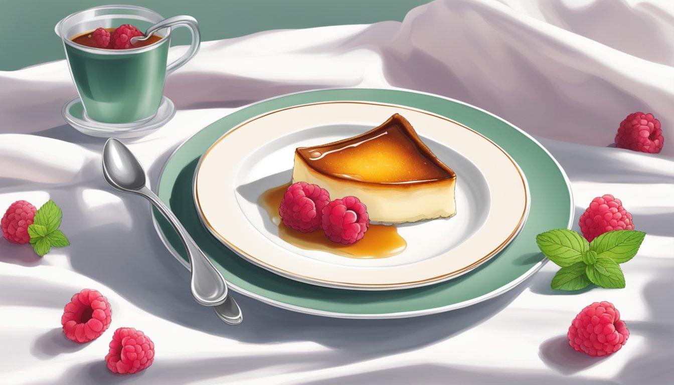 A pristine white dessert plate with a perfectly caramelized crème brûlée, garnished with a fresh raspberry and a sprig of mint, sitting on a clean, white tablecloth