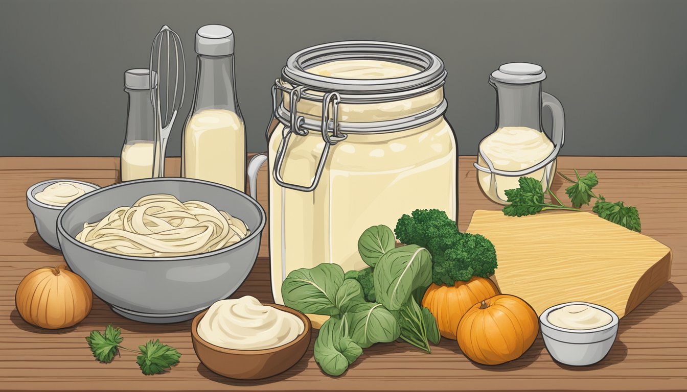 A jar of freshly prepared Alfredo sauce sits on a kitchen counter, surrounded by a few scattered ingredients and a whisk