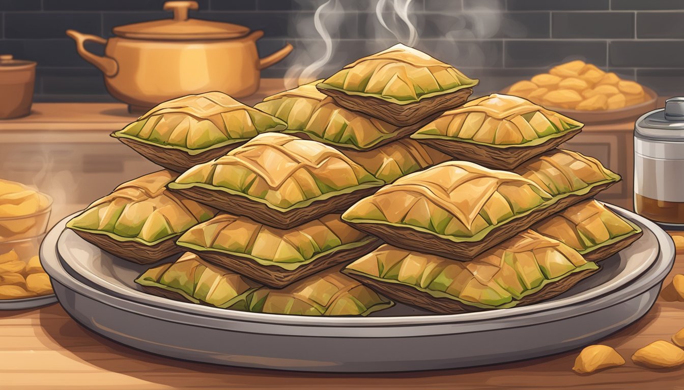 A plate of baklava sits on a kitchen counter, with steam rising from the warm, flaky pastry. A timer on the oven shows it has just finished reheating