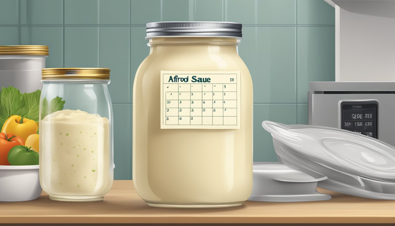 A jar of Alfredo sauce sealed tightly and placed in the refrigerator, with a calendar on the wall showing the current date