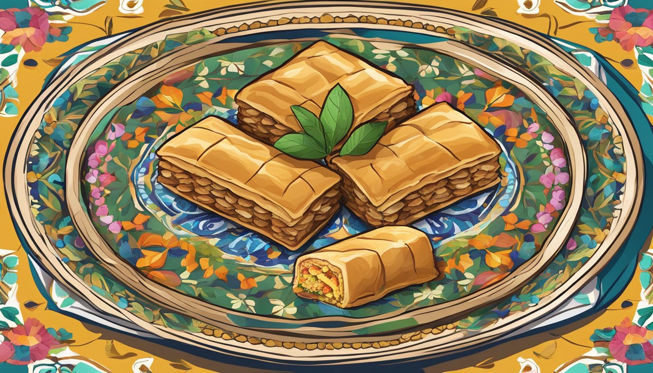 A plate of freshly prepared baklava sits on a decorative tray, surrounded by colorful textiles and traditional Middle Eastern decorations