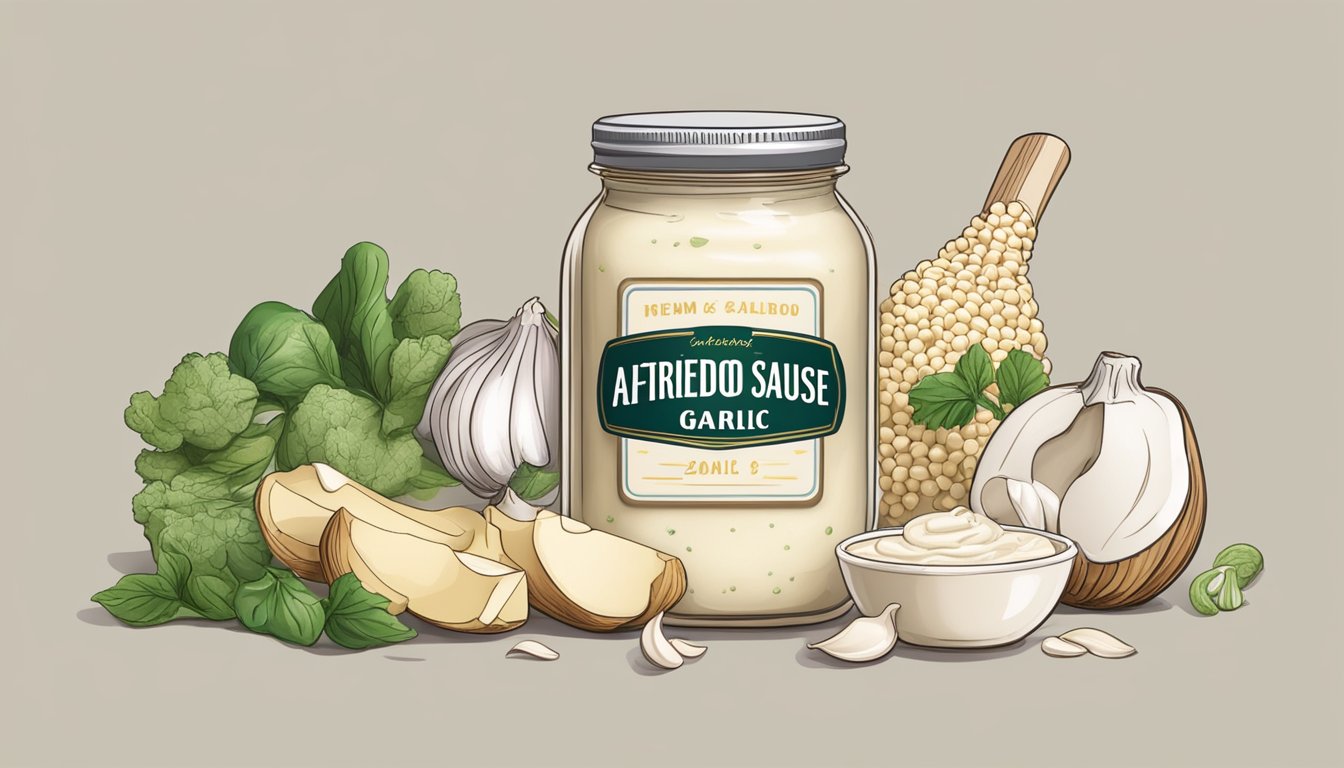 A jar of Alfredo sauce with a labeled expiration date, surrounded by fresh ingredients like garlic, cream, and Parmesan cheese