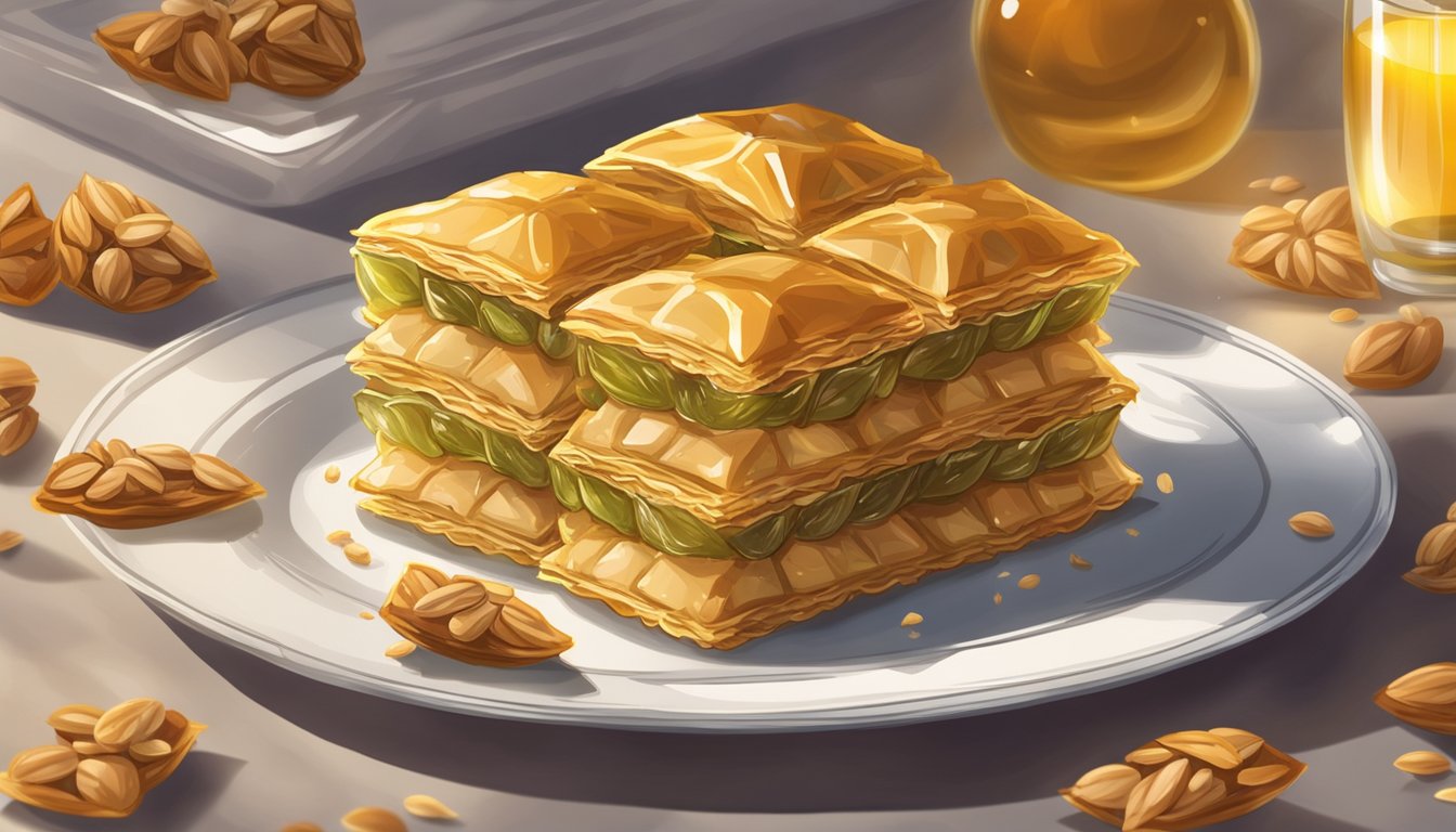 A plate of baklava sits on a kitchen counter, covered in a clear wrap. The golden pastry glistens under the light, with layers of nuts and honey peeking through