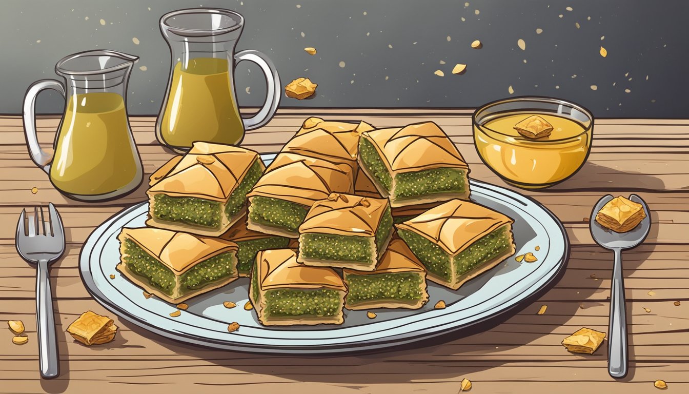 A plate of baklava sits on a wooden table, surrounded by crumbs. A few pieces are missing, indicating it has been recently enjoyed