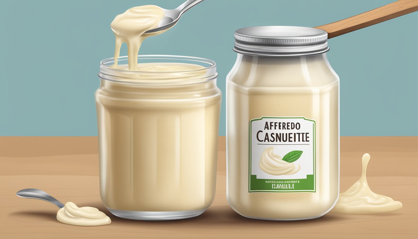 A jar of Alfredo sauce with a visible expiration date and a spoonful of separated, discolored sauce next to it