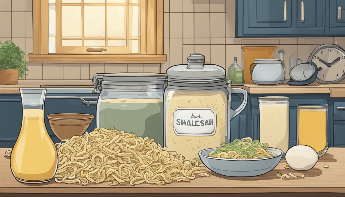 A jar of freshly prepared Alfredo sauce sits on a kitchen counter, surrounded by a variety of pasta shapes and a pot of boiling water. A clock on the wall indicates the time passing