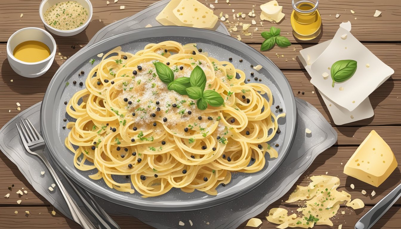 A steaming plate of carbonara sits on a rustic wooden table, surrounded by scattered Parmesan cheese and cracked black pepper