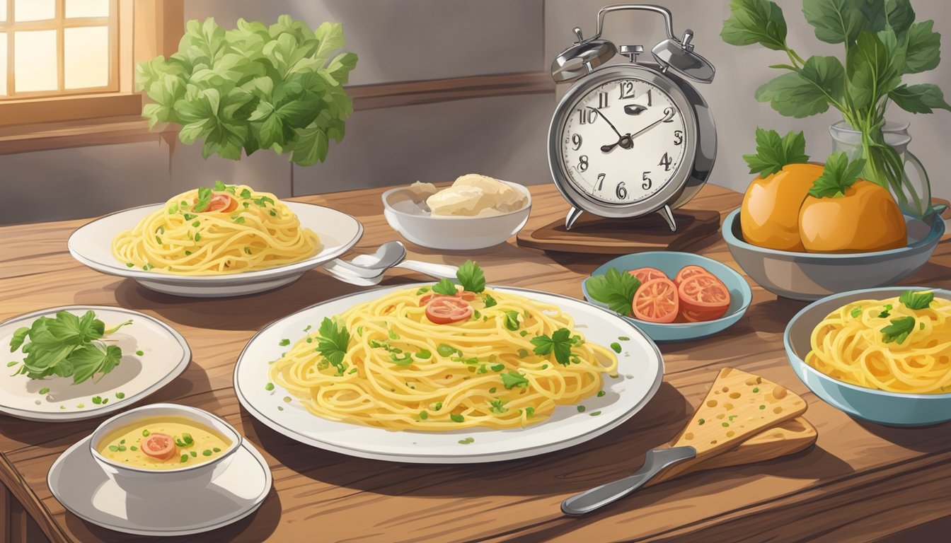 A steaming plate of carbonara sits on a wooden table, surrounded by fresh ingredients and a clock ticking in the background