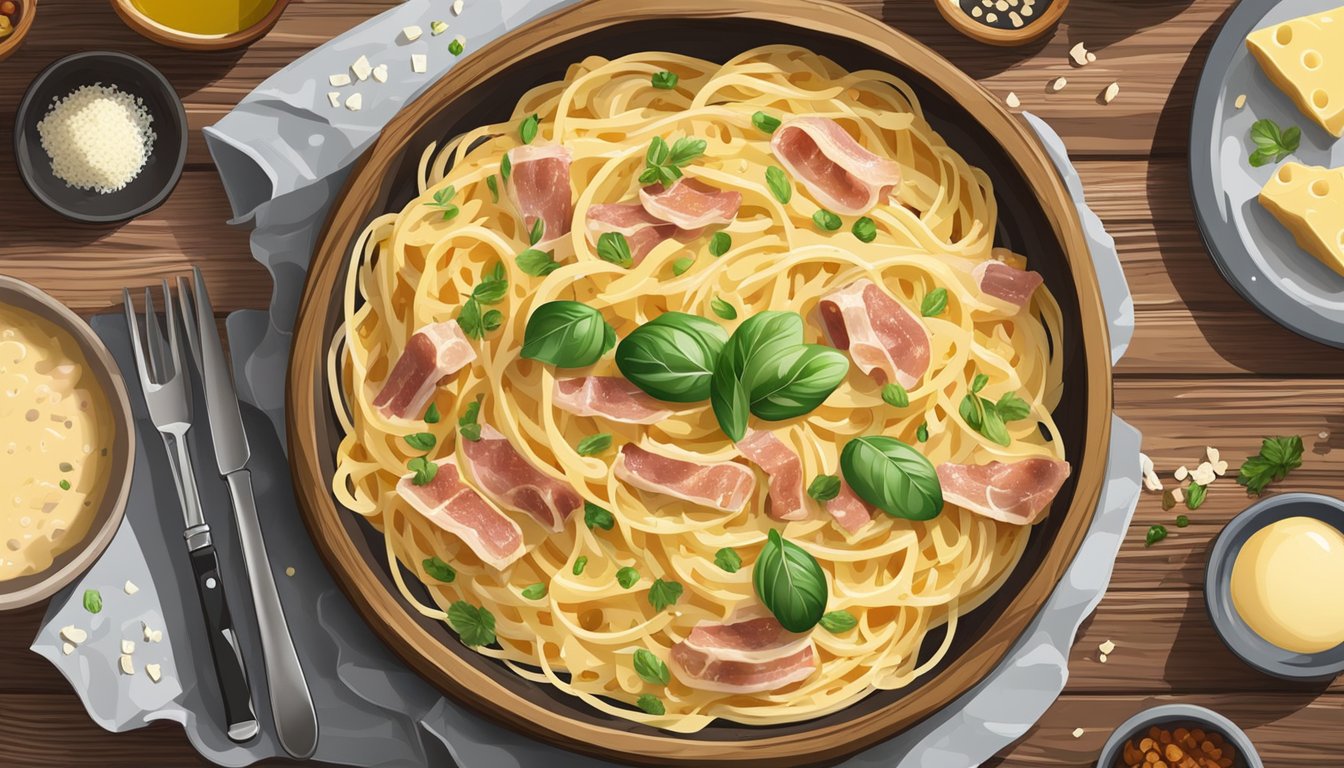 A steaming plate of carbonara sits on a rustic wooden table, surrounded by the ingredients used to prepare it. The creamy sauce coats the pasta, with flecks of pancetta and freshly grated cheese on top