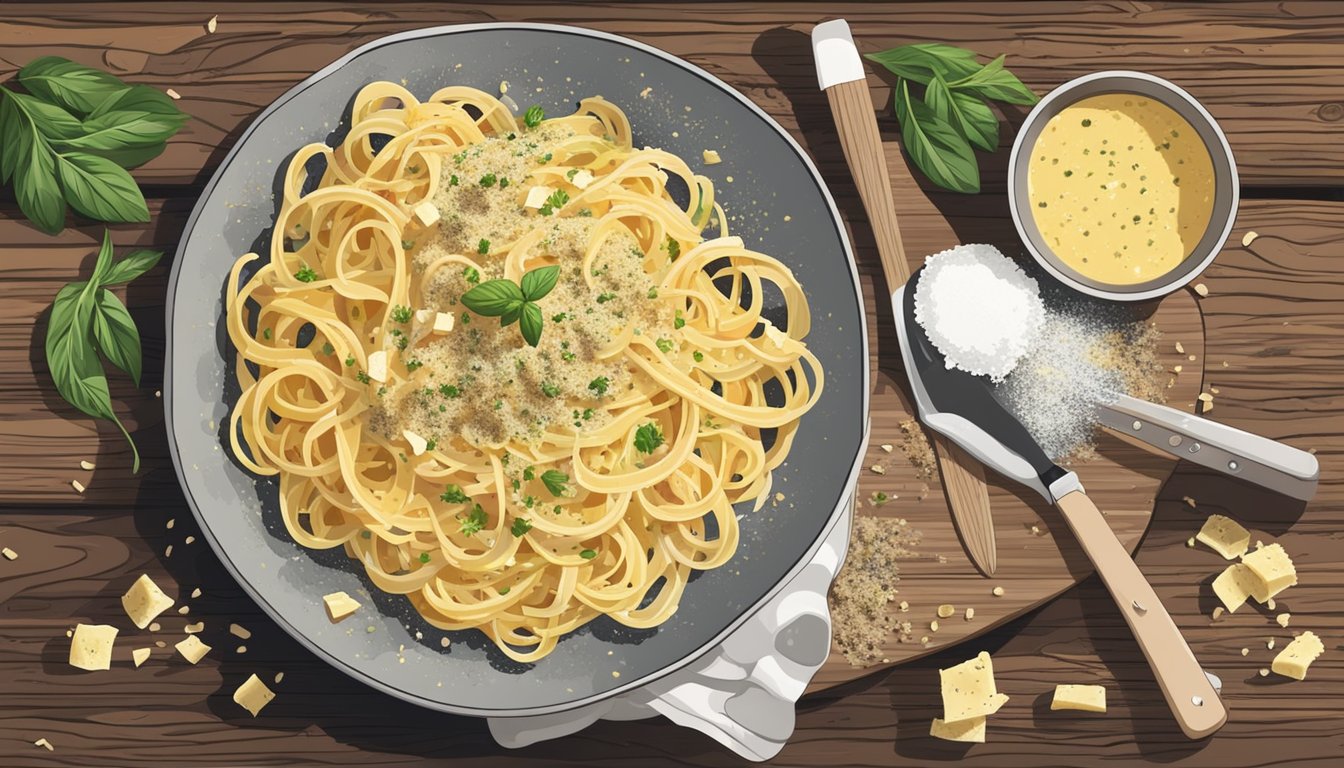 A steaming plate of carbonara sits on a rustic wooden table, surrounded by scattered pieces of grated parmesan and cracked black pepper