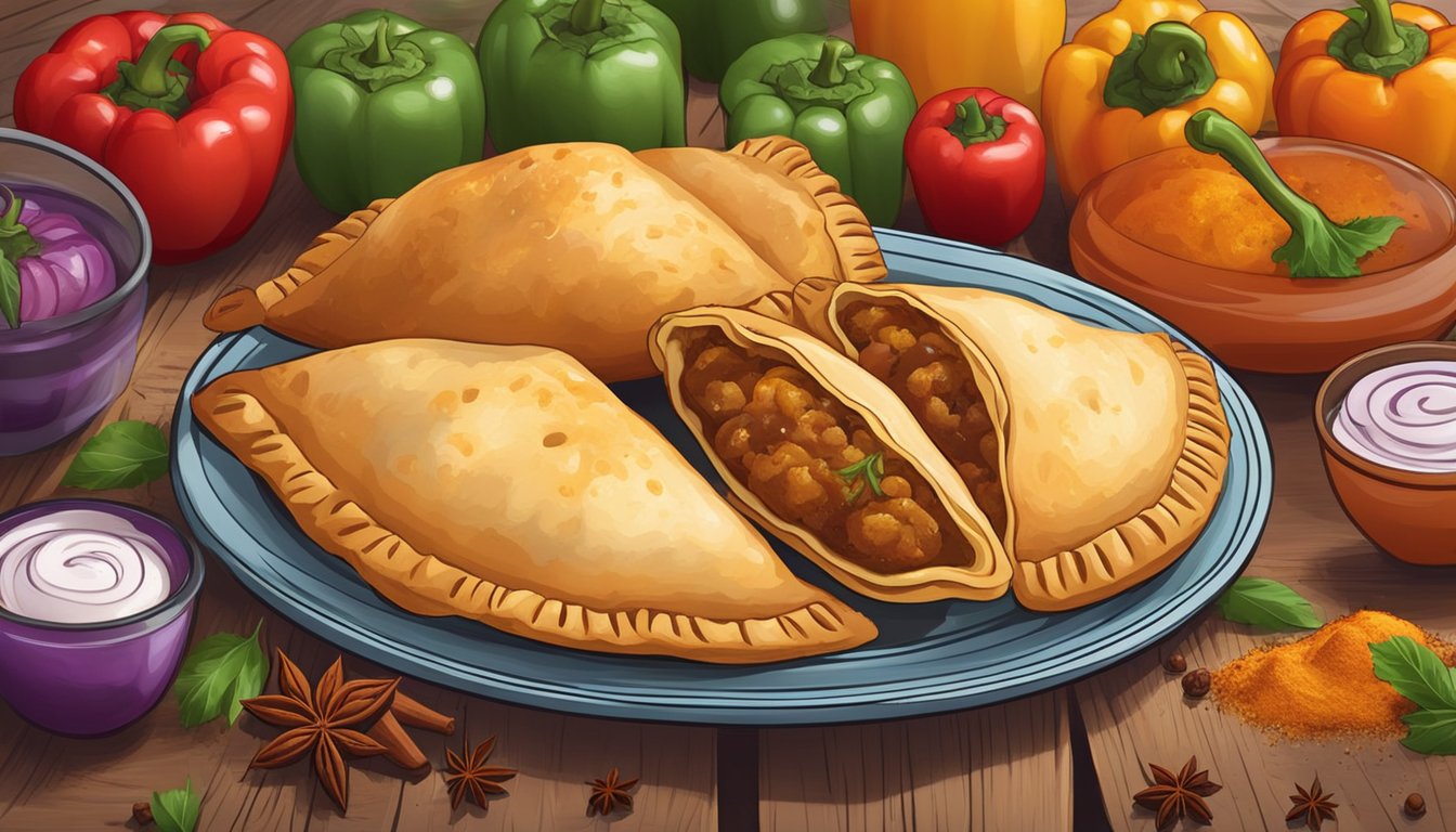 A plate of freshly baked empanadas sits on a rustic wooden table, surrounded by colorful ingredients like peppers, onions, and spices. A warm, inviting aroma fills the air