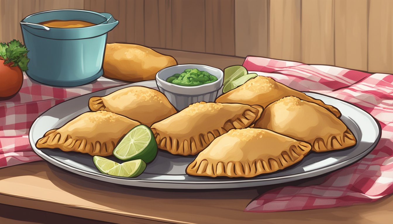 A plate of freshly prepared empanadas sits on a kitchen counter, covered with a cloth to keep them fresh