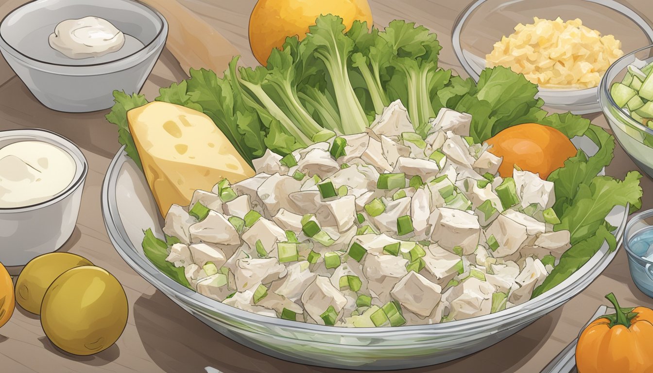 A bowl of chicken salad sits on a kitchen counter, surrounded by ingredients like diced chicken, celery, and mayonnaise. The salad is covered with plastic wrap to keep it fresh