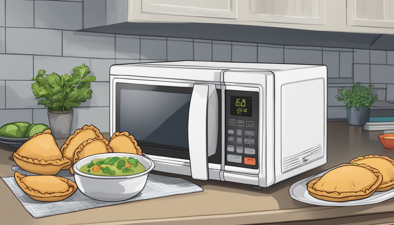 A plate of empanadas sits on a countertop next to a microwave. The microwave door is open, and the timer reads "30 seconds."