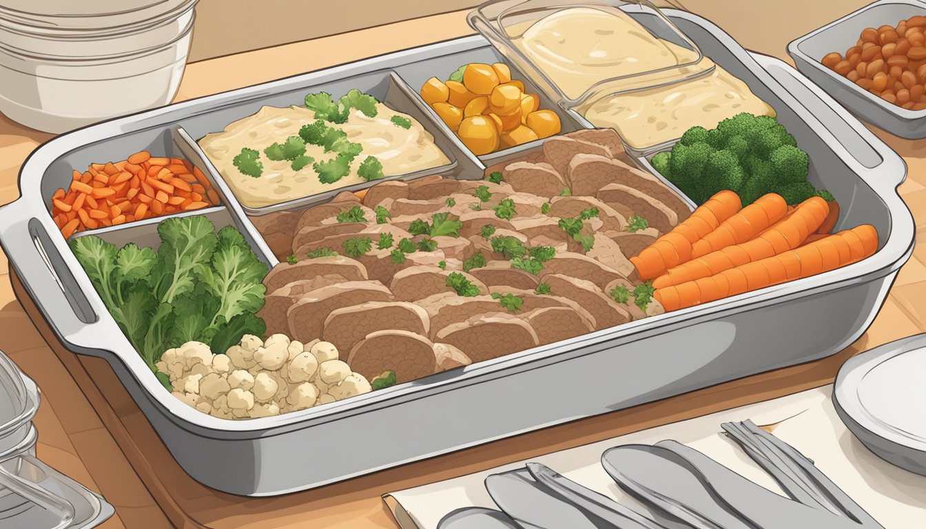 A casserole dish filled with layers of ingredients, including meat, vegetables, and a creamy sauce, sits on a kitchen counter, ready to be baked