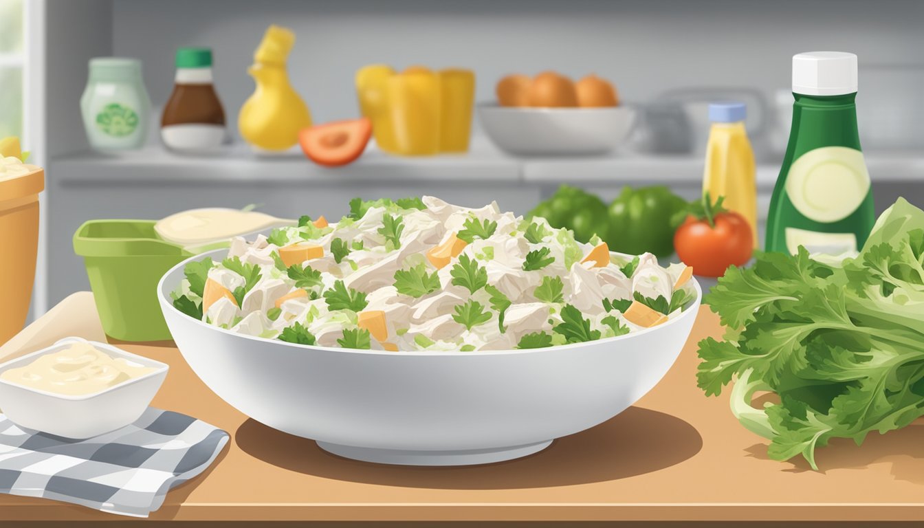 A bowl of chicken salad sits on a kitchen shelf, surrounded by ingredients like mayonnaise, celery, and seasonings. The salad is covered with plastic wrap to keep it fresh