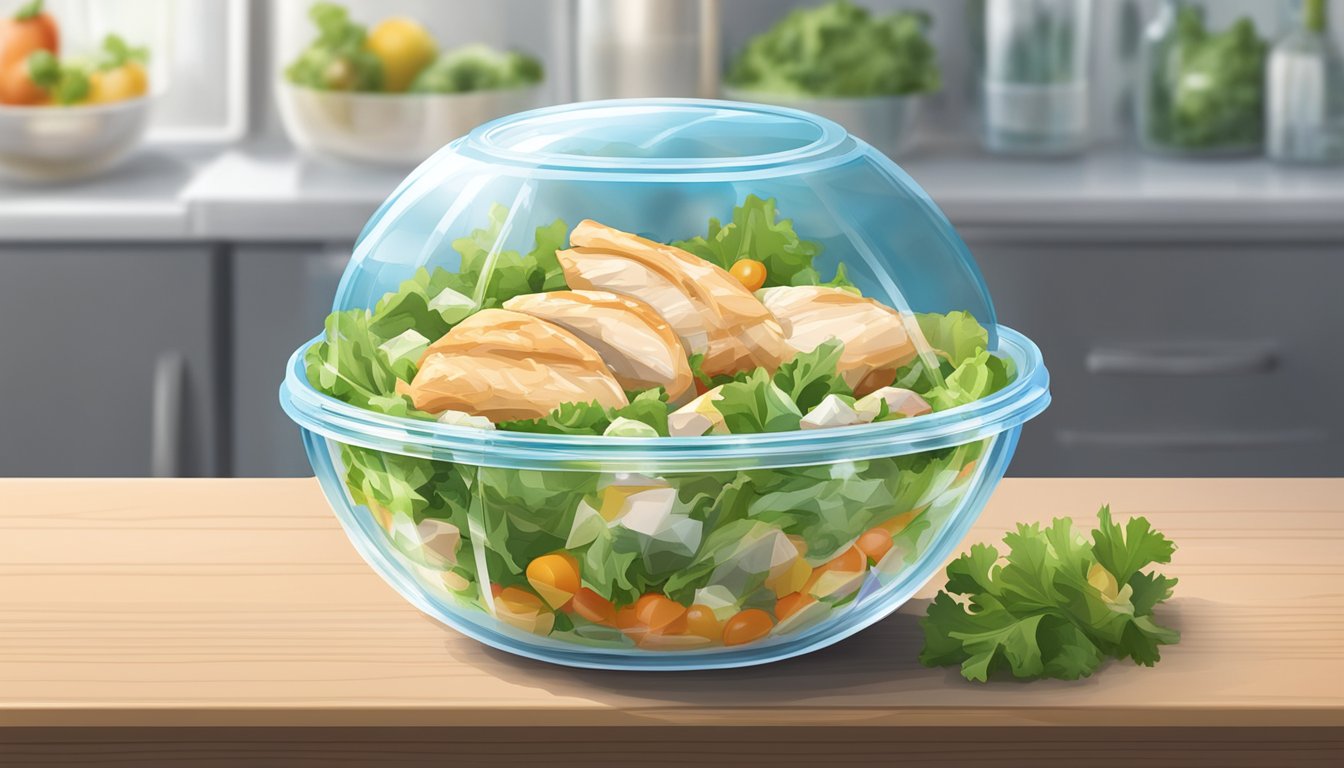 A glass bowl of chicken salad covered with plastic wrap in a refrigerator