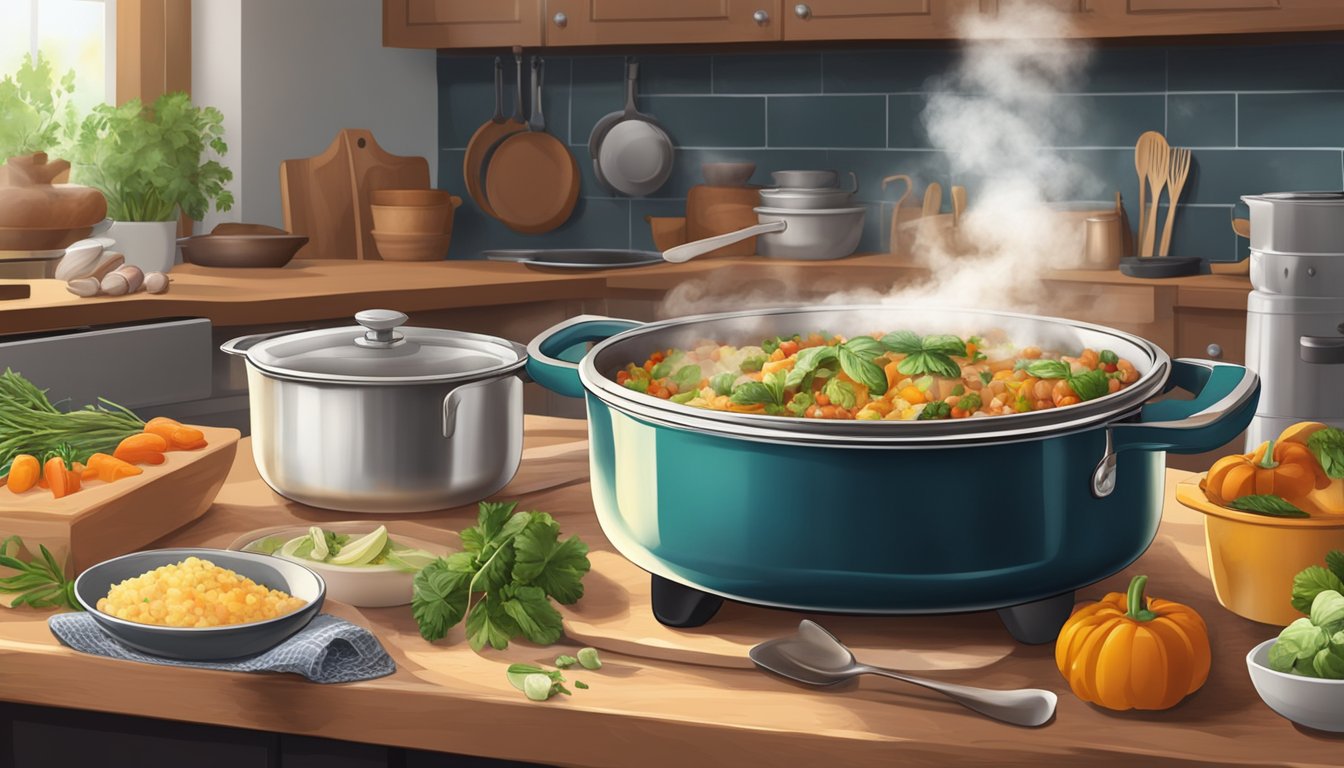 A steaming casserole dish sits on a kitchen counter, surrounded by various ingredients and utensils. The aroma of the freshly prepared casserole fills the air