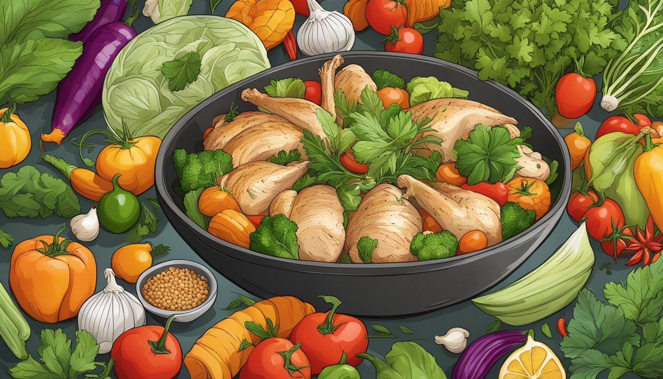 A colorful array of fresh vegetables and cooked chicken arranged in a bowl, surrounded by vibrant herbs and spices