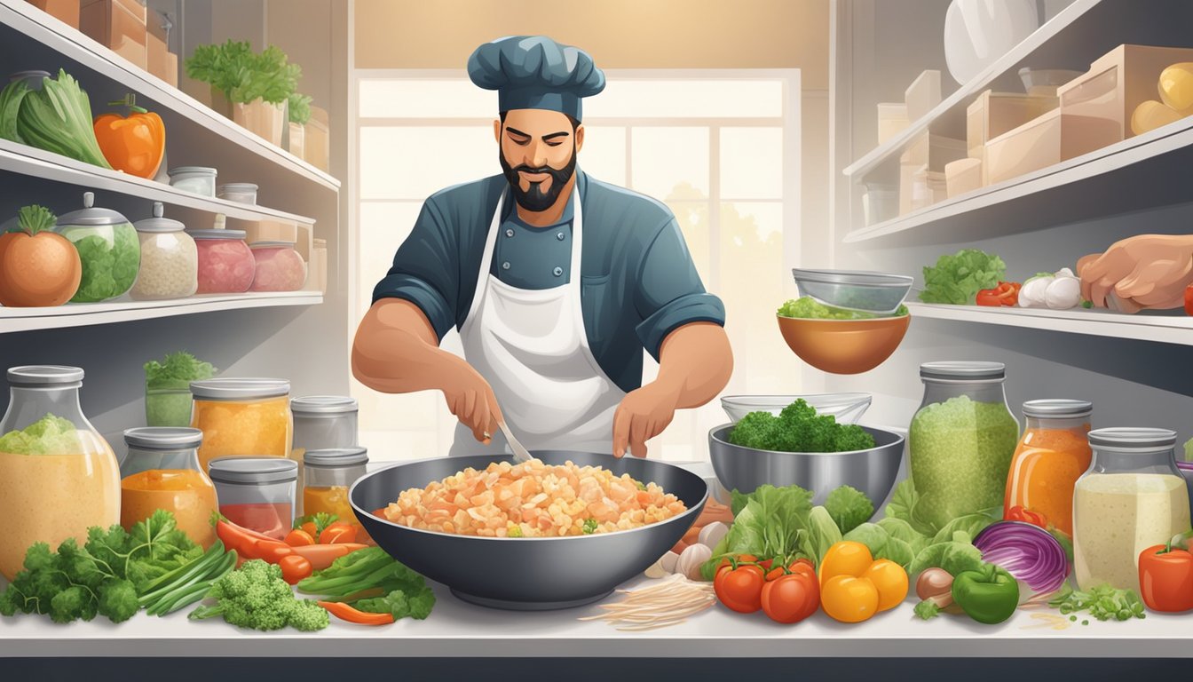 A chef mixes diced chicken, vegetables, and dressing in a large bowl, surrounded by fresh ingredients and containers for storage