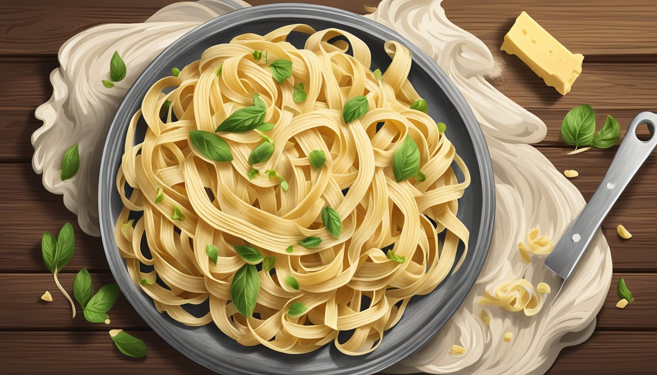 A steaming plate of fresh fettuccine sits on a rustic wooden table, surrounded by scattered flour and a rolling pin