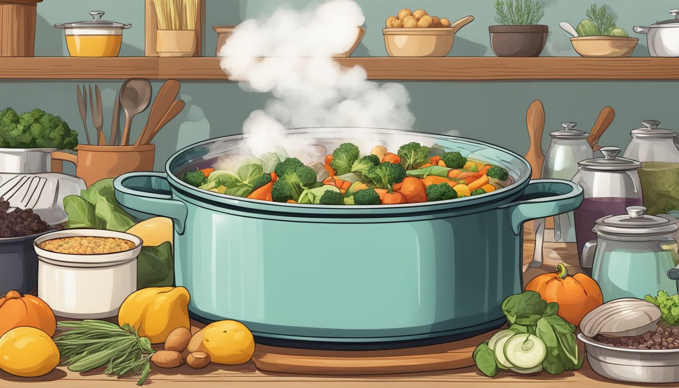 A steaming casserole dish sits on a kitchen counter, surrounded by various ingredients and utensils. The aroma of the freshly prepared dish fills the room