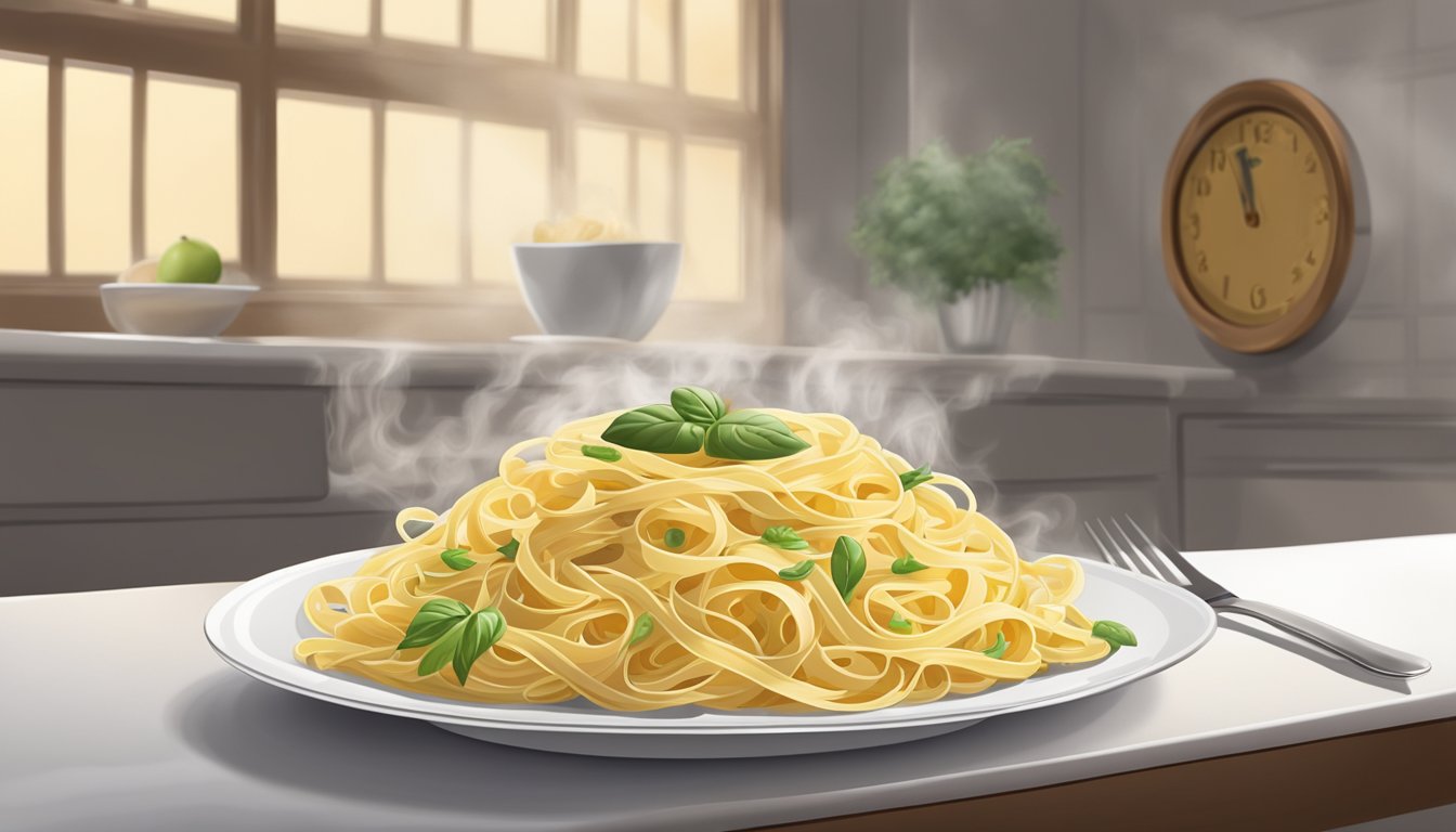 A bowl of freshly prepared fettuccine sits on a clean, white plate, steam rising from the pasta. Nearby, a clock on the wall ticks away the passing time