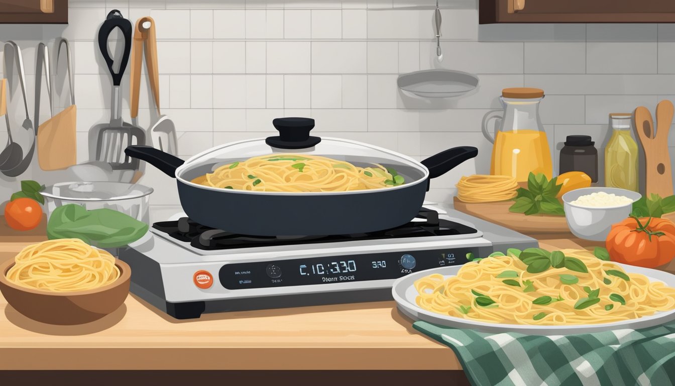 A steaming plate of fettuccine sits on a kitchen counter, surrounded by ingredients and cooking utensils. A timer on the stove displays the time elapsed since the pasta was prepared