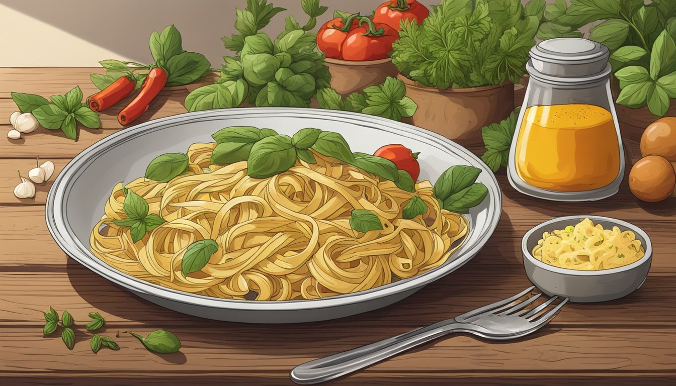 A steaming plate of fettuccine sits on a rustic wooden table, surrounded by vibrant herbs and spices. A fork rests beside the dish, ready to be used