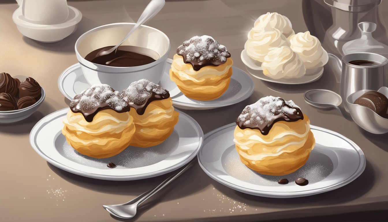 A plate of cream puffs sits on a table, surrounded by a light dusting of powdered sugar. The delicate pastries are filled with a creamy custard and garnished with a drizzle of chocolate