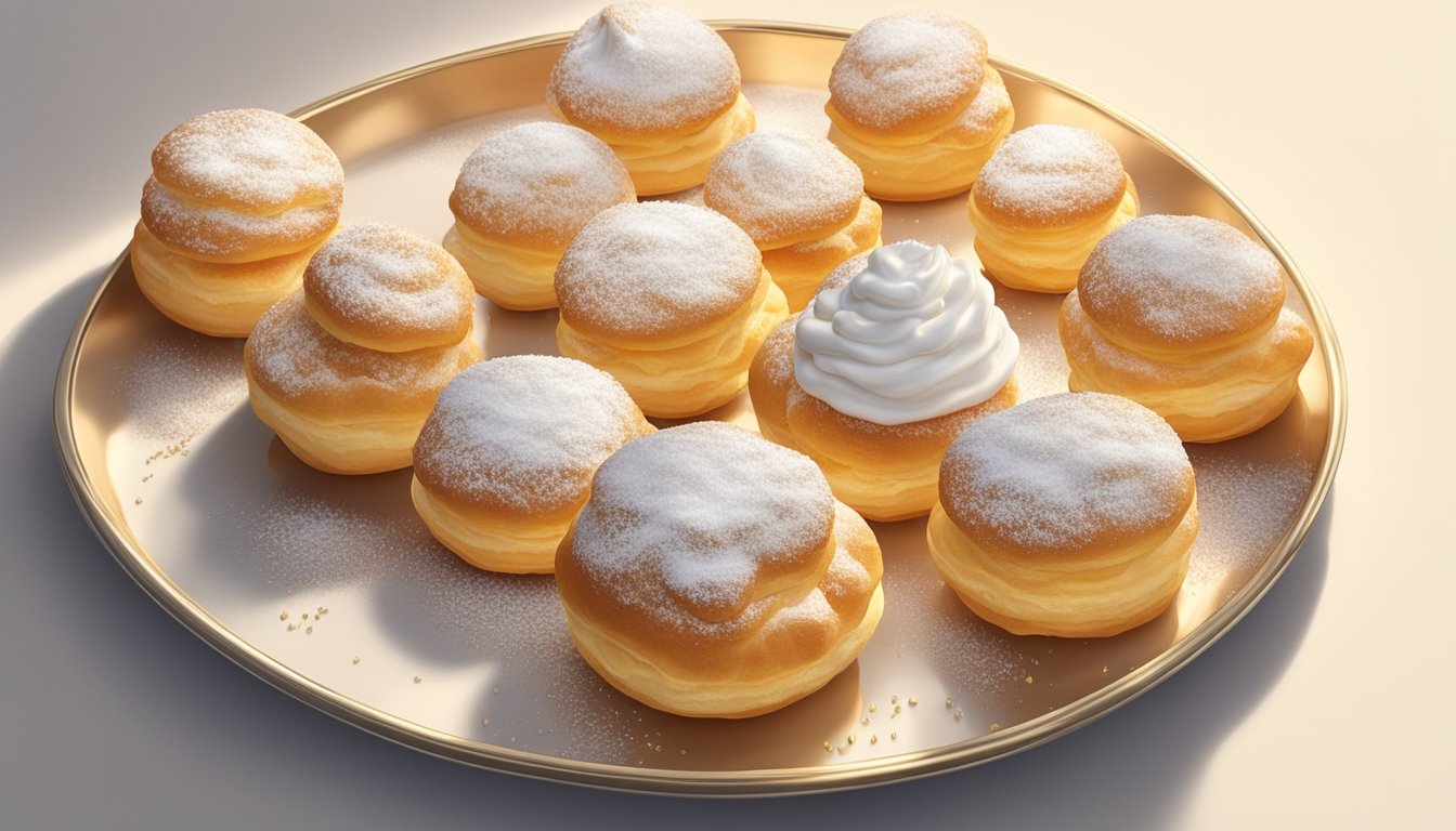 A tray of cream puffs sits on a pristine white surface, surrounded by a soft glow. Each puff is perfectly golden and dusted with a light sprinkling of powdered sugar, exuding an aura of freshness and quality maintenance