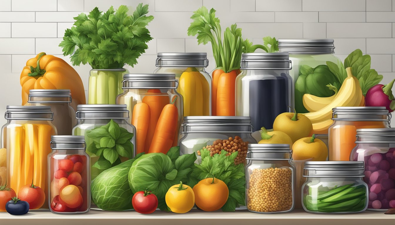 A colorful array of fresh ingredients, including fruits, vegetables, spices, and herbs, arranged on a kitchen counter next to jars and containers for preserving