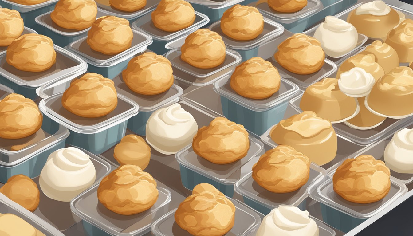 A batch of cream puffs stored in airtight containers on a kitchen counter. Some are filled with cream and others are left unfilled