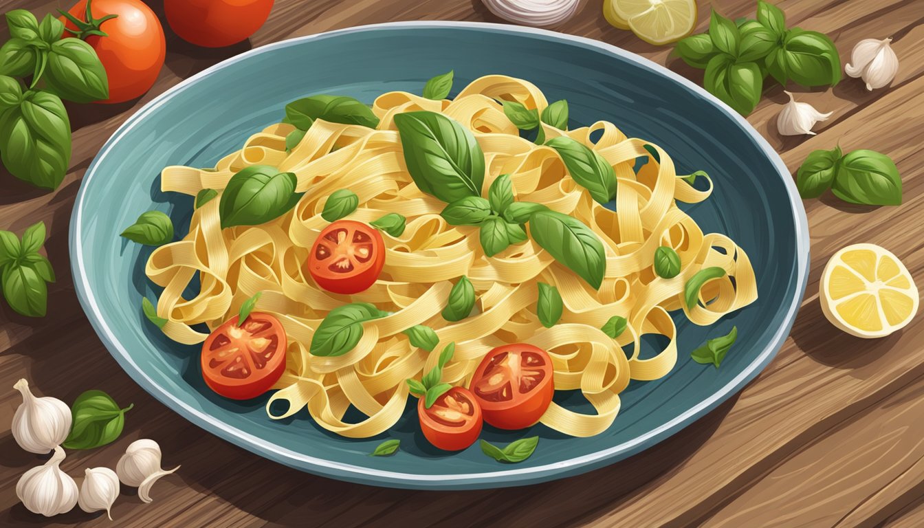 A steaming plate of fettuccine sits on a rustic wooden table, surrounded by fresh ingredients like tomatoes, basil, and garlic