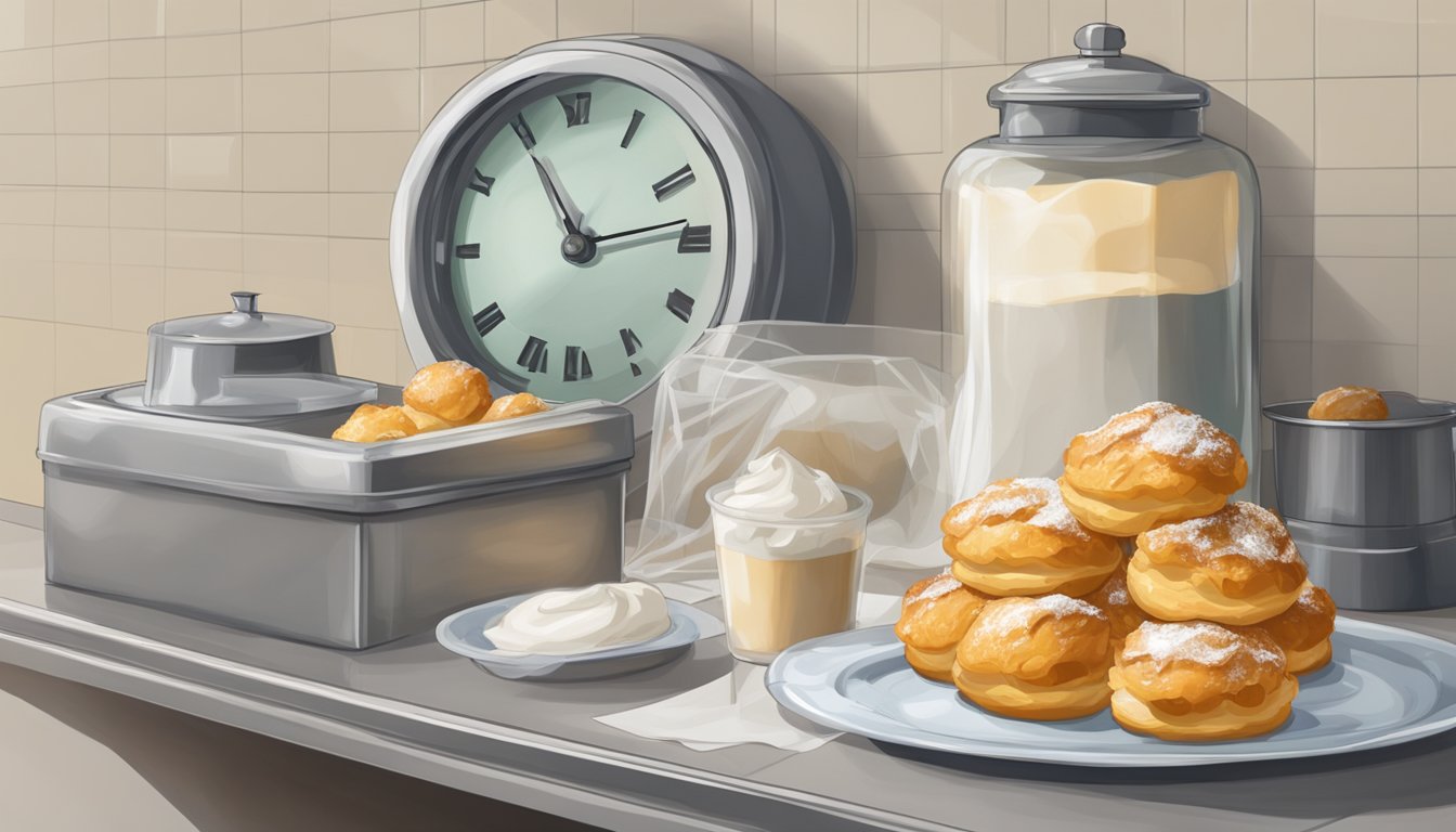 A tray of cream puffs sits on a counter, covered in plastic wrap. A clock on the wall shows the passage of time