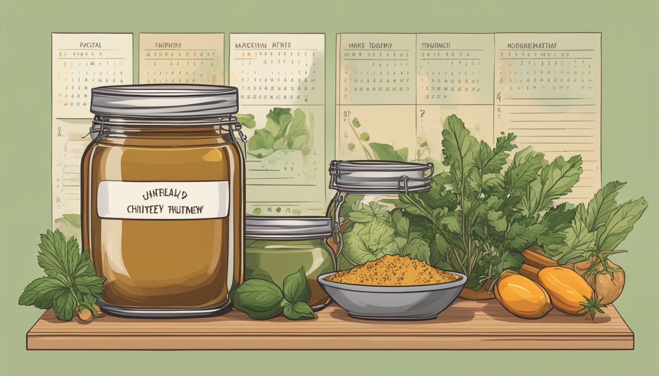 A jar of freshly prepared chutney sitting on a kitchen counter, surrounded by various spices and herbs. A calendar on the wall shows the current date