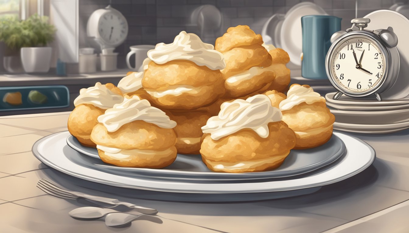 A plate of cream puffs sitting on a kitchen counter, with a clock in the background showing the passing of time