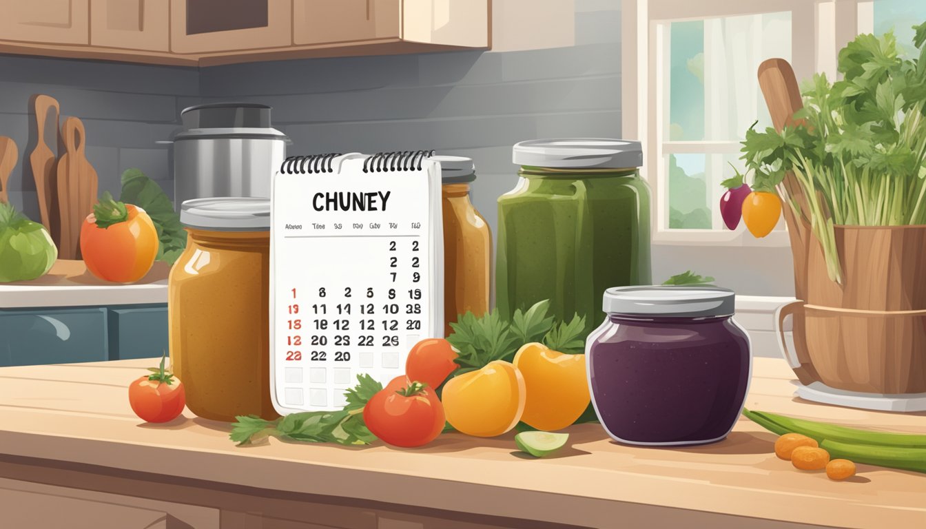 A jar of chutney sits on a kitchen counter, surrounded by fresh ingredients. A calendar on the wall indicates the current date