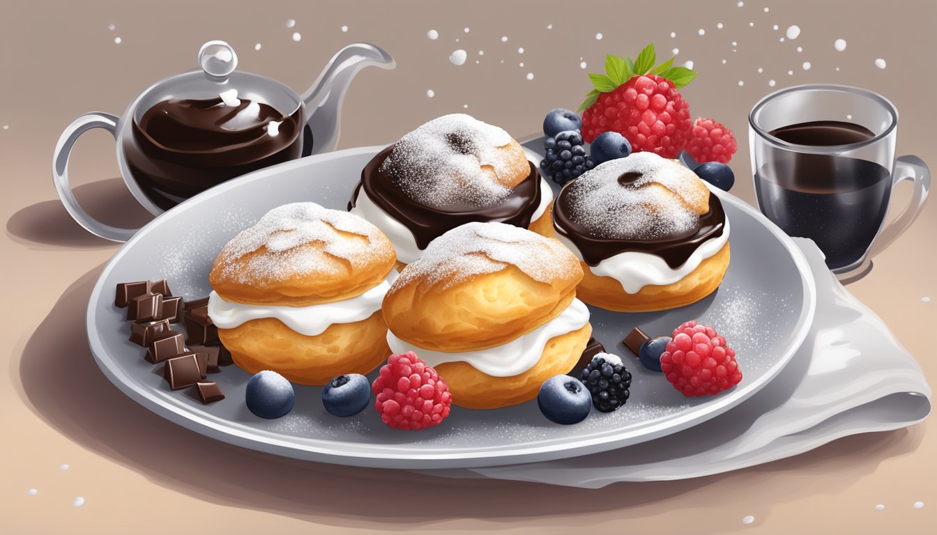 A plate of cream puffs surrounded by fresh berries and a dusting of powdered sugar, with a delicate drizzle of chocolate sauce