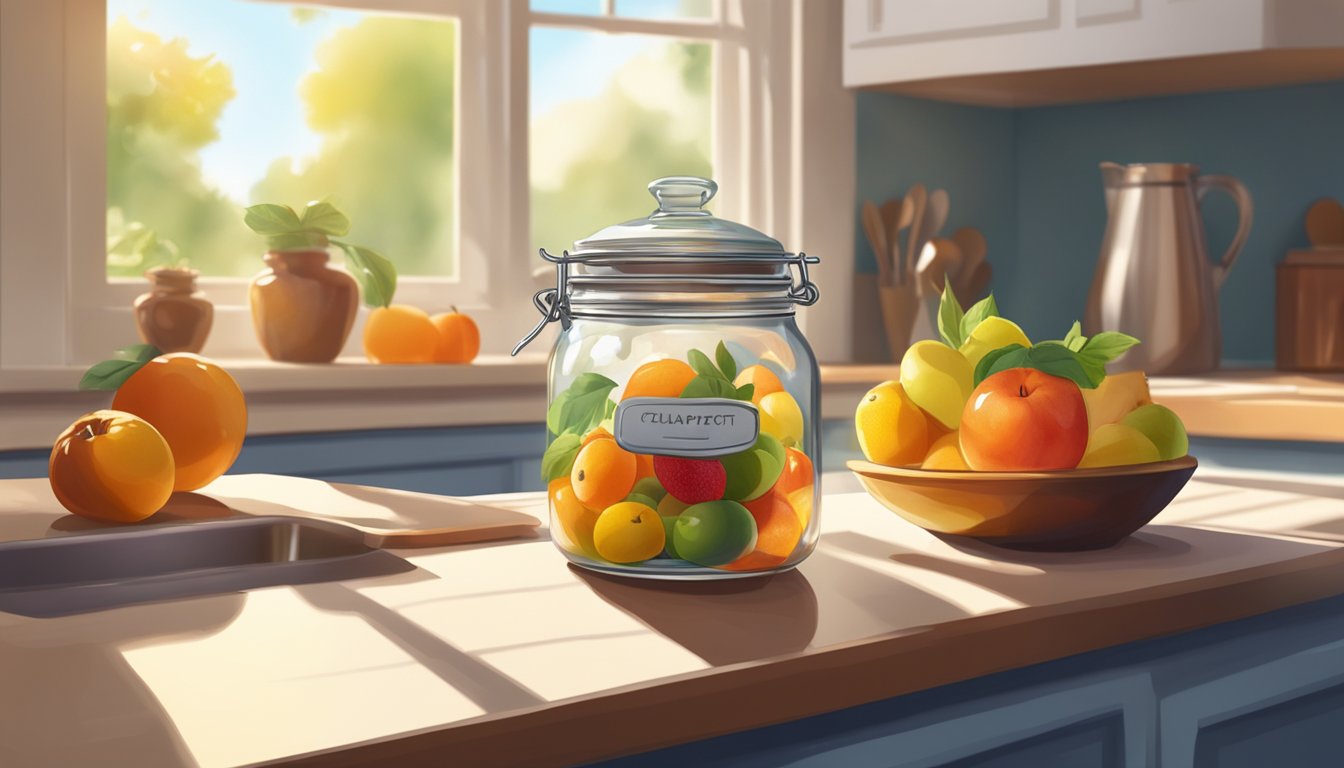 A glass jar filled with colorful fruit compote sits on a kitchen counter next to a bowl of fresh fruit. The sunlight streams in through the window, casting a warm glow on the scene