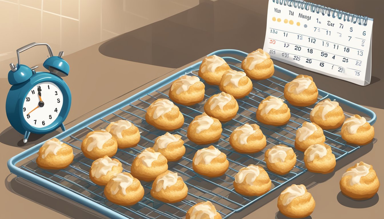 A tray of cream puffs on a cooling rack, surrounded by a kitchen timer and a calendar with the date marked