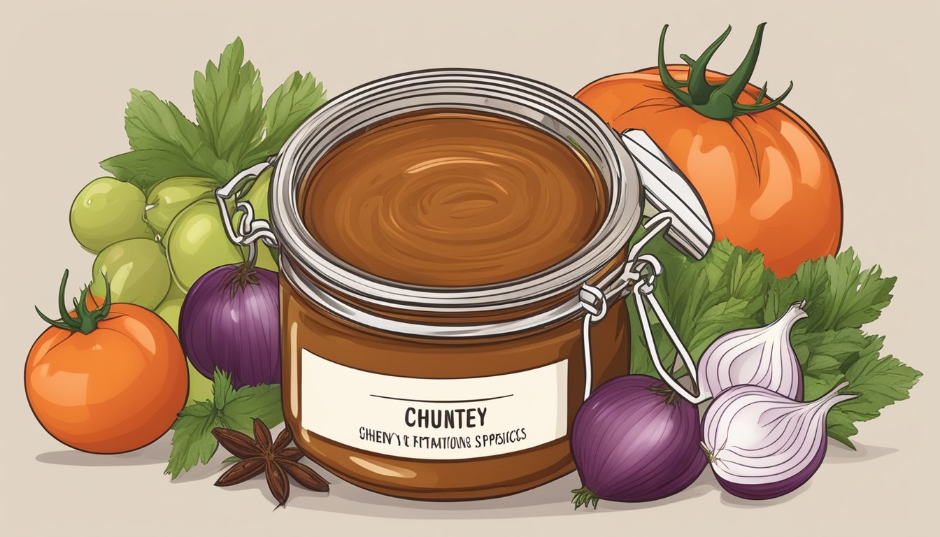 A jar of chutney with a labeled expiration date, surrounded by various fresh ingredients like tomatoes, onions, and spices