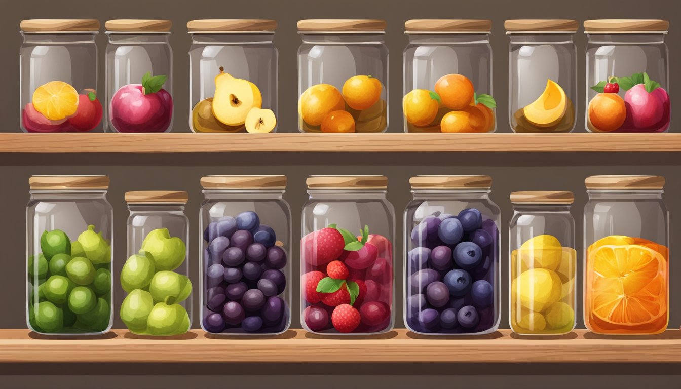 A glass jar filled with colorful fruit compote sits on a wooden shelf next to a row of neatly arranged preserved jars